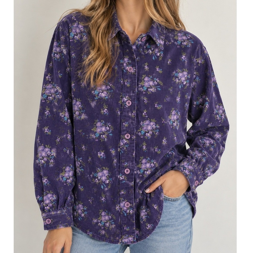 Blair Corduroy Shirt L Purple Floral Button Up Top 90s Vtg Cottagecore Western